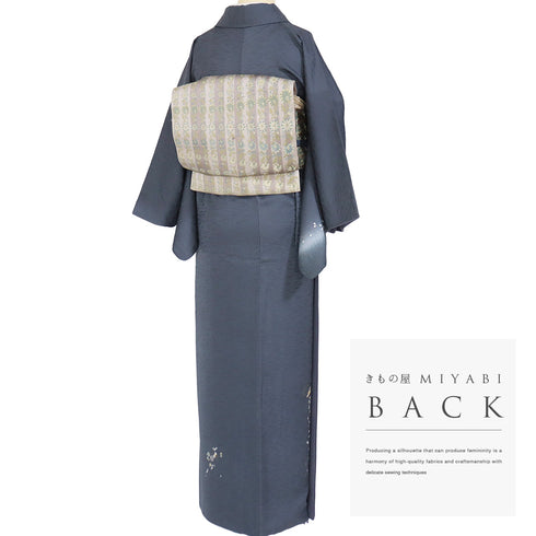 付下げ リサイクル 身丈153.2cm 裄62.8cm 袷 雪輪に宝尽くし柄 枝垂れ桜柄 金駒刺繍 ネイビー Sサイズ セミフォーマル お洒落 正絹 広衿 Aランク