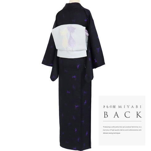 小紋 リサイクル 身丈163.5cm 裄66cm 単衣 猫柄 ゆったりサイズ ブラック Lサイズ お洒落 カジュアル 混合 洗える着物 広衿 Sランク