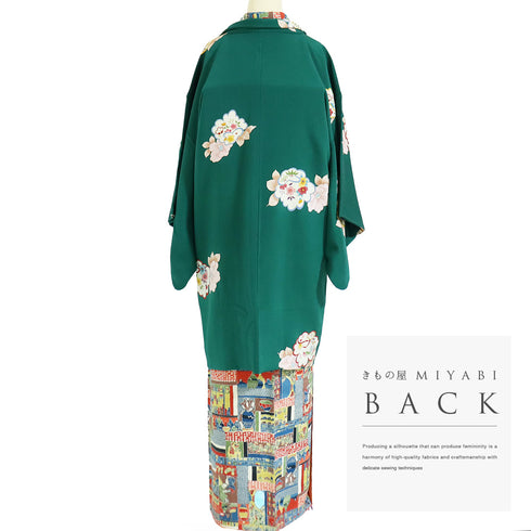 羽織 リサイクル 身丈92cm 裄62.4cm 袷 デザイン花模様 グリーン SSサイズ お洒落 カジュアル 正絹 Sランク
