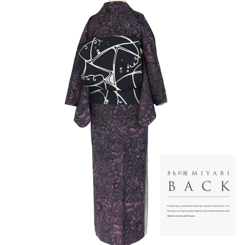 小紋 リサイクル 身丈156.2cm 裄62.6cm 袷 唐草模様 輝宝織 パープル Mサイズ お洒落 カジュアル 正絹 広衿 Sランク