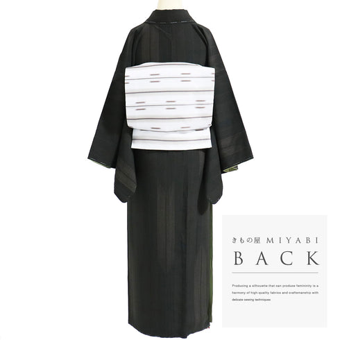 小紋 リサイクル 身丈162cm 裄64.8cm 袷 矢羽柄 地紋 ブラック Lサイズ お洒落 カジュアル しつけ糸 正絹 広衿 Sランク