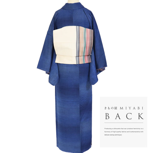 紬 リサイクル 身丈156.5cm 裄63.6cm 袷 縞模様 ラメ グラデーション ブルー Mサイズ お洒落 しつけ糸 正絹 広衿 Sランク