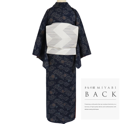 紬 リサイクル 身丈155cm 裄62.4cm 袷 花柄 ネイビー Sサイズ カジュアル お洒落 正絹 広衿 Sランク