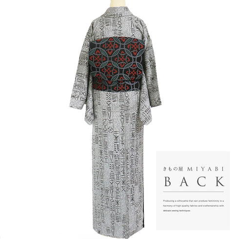 小紋 リサイクル 身丈163cm 裄66.8cm 袷 古代文字風柄 小原敏 グレー Lサイズ お洒落 カジュアル 正絹 広衿 Sランク