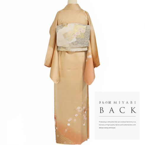 訪問着 リサイクル 身丈159.5cm 裄67cm 袷 文箱や枝垂れ花柄 地紋 金駒刺繍 ゆったりサイズ オレンジ Mサイズ セミフォーマル 正絹 広衿 Sランク