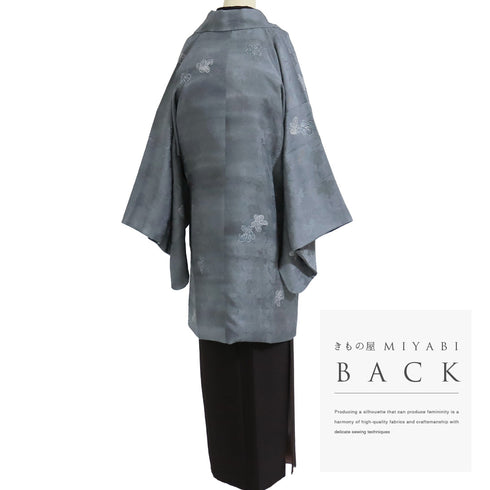 道中着 リサイクル 身丈93.8cm 裄68.8cm 袷 地紋 彩色 葉模様 グレー LLサイズ お洒落 カジュアル 正絹 Sランク