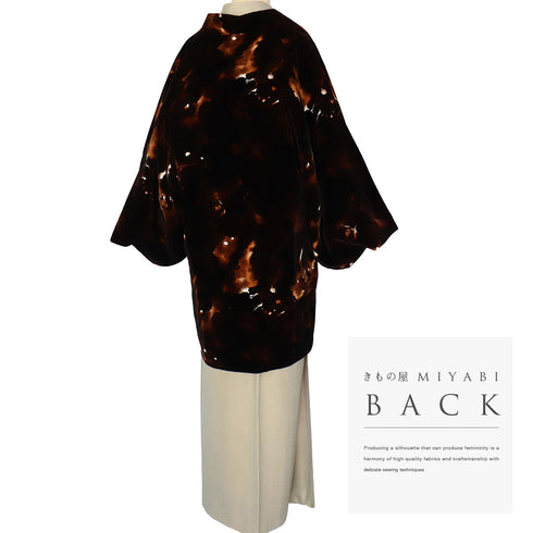 千代田衿コート リサイクル 身丈85.5cm 裄68cm ベルベット ラグラン袖 ブラウン Lサイズ カジュアル お洒落 混合 洗える着物 Aランク