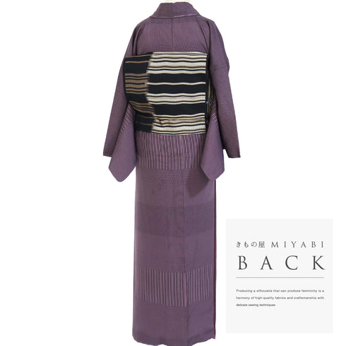 小紋 リサイクル 身丈157.5cm 裄66.8cm 袷 横段柄 パープル Mサイズ お洒落 しつけ糸 正絹 広衿 Bランク