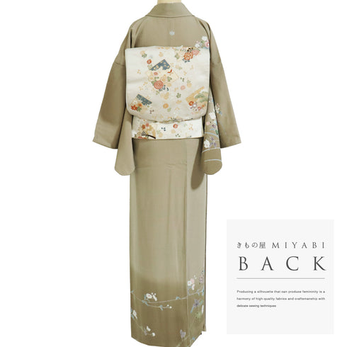 訪問着 リサイクル 身丈159cm 裄64.2cm 袷 椿や童模様 ミシン刺繍 ベージュ Mサイズ フォーマル セミフォーマル 一つ紋 正絹 広衿 Sランク