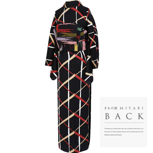 小紋 リサイクル 身丈168cm 裄66.4cm 袷 麻の葉の地紋にデザイン籠目柄 ブラック LLサイズ お洒落 カジュアル 正絹 広衿 未使用品