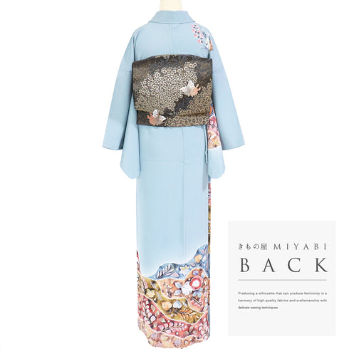 訪問着 リサイクル 身丈161.7cm 裄64.4cm 袷 辻が花 桐屋・翠山工房 絞り ブルー Lサイズ お洒落 落款 正絹 広衿 Sランク