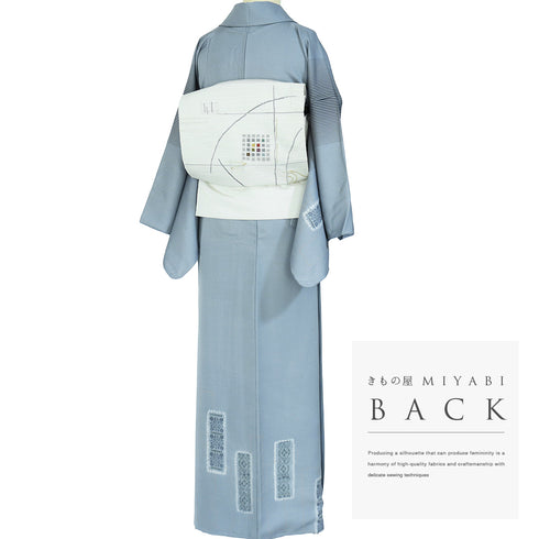 訪問着 リサイクル 身丈164.5cm 裄66.2cm 袷 紬 部分絞り 縞に短冊模様 後染め ゆったりサイズ ブルー Lサイズ お洒落 しつけ糸 正絹 広衿 Sランク