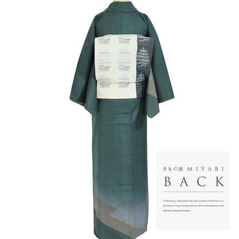 付下げ リサイクル 身丈160cm 裄64.6cm 袷 紬 抽象柄 グリーン Mサイズ お洒落 しつけ糸 正絹 広衿 Sランク