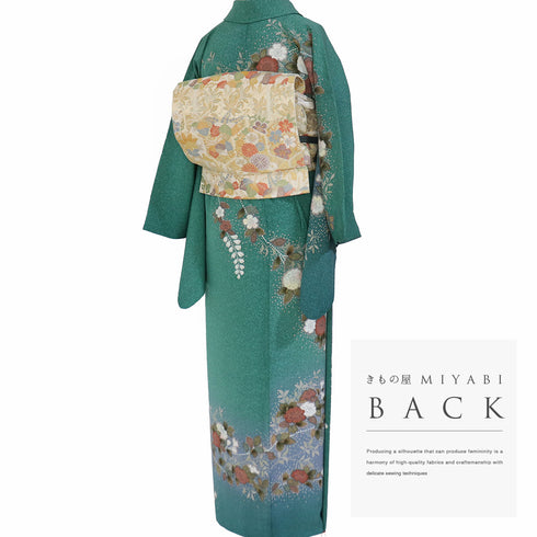 訪問着 リサイクル 身丈155.4cm 裄64.6cm 袷 辻ヶ花風柄 箔 グリーン Sサイズ セミフォーマル お洒落 正絹 広衿 Sランク