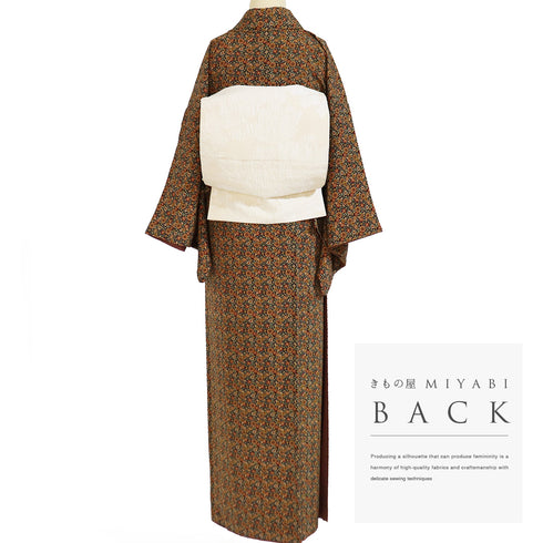 小紋 リサイクル 身丈155cm 裄67cm 袷 小花柄 ブラウン Sサイズ カジュアル 正絹 広衿 Aランク