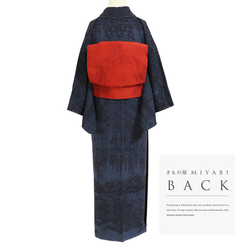 付下げ リサイクル 袷 付下げ小紋柄 紅型調柄 ネイビー 規格外サイズ お洒落 正絹 広衿