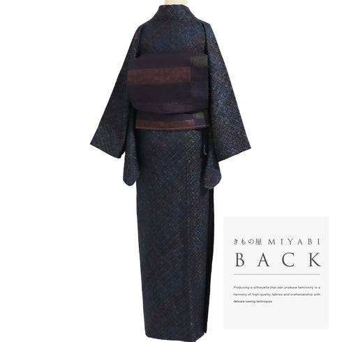 小紋 リサイクル 身丈159.5cm 裄66cm 袷 小花柄 漢方染 菅原結 地紋 ネイビー Mサイズ お洒落 正絹 広衿 Sランク