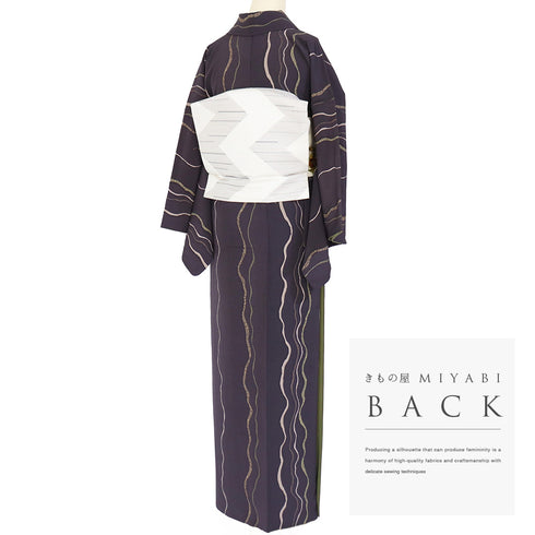 小紋 リサイクル 身丈163.8cm 裄66.8cm 袷 曲線柄 パープル Lサイズ お洒落 カジュアル 正絹 広衿 Aランク