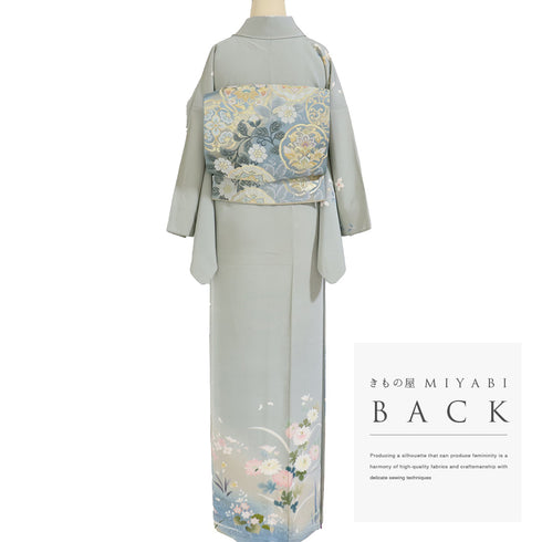 訪問着 リサイクル 身丈162.5cm 裄64.4cm 袷 花各種柄 箔 グリーン Lサイズ セミフォーマル お洒落 正絹 広衿 Aランク