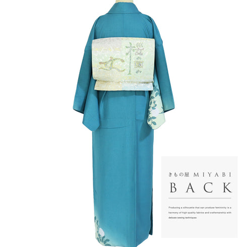 付下げ リサイクル 身丈147.5cm 裄63.8cm 袷 結城紬 五月みどりプロデュース 花柄 ブルー SSサイズ お洒落 正絹 広衿 Sランク