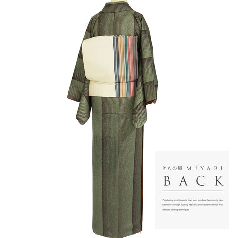 小紋 リサイクル 身丈158.3cm 裄64.6cm 袷 縞にたたき模様 お洒落八掛 グリーン Mサイズ お洒落 しつけ糸 正絹 広衿 Sランク