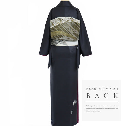 付下げ リサイクル 身丈165.5cm 裄65.8cm 袷 葵まつり柄 地紋 ネイビー LLサイズ お洒落 正絹 広衿 Sランク