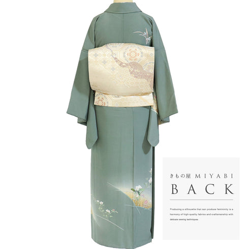 訪問着 リサイクル 身丈152.8cm 裄63.6cm 袷 花柄 グリーン Sサイズ フォーマル セミフォーマル 落款 正絹 広衿 Aランク