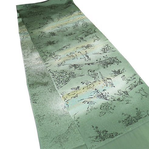 帯揚げ リサイクル お洒落 ちりめん 正絹 グリーン 鳥獣戯画 新品・未使用品 AG-1220