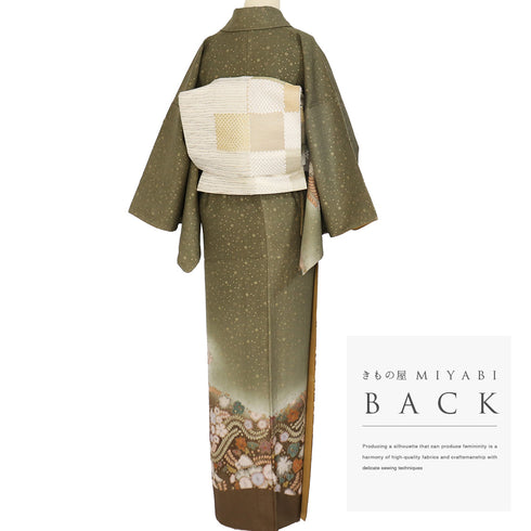 訪問着 リサイクル 身丈155.8cm 裄64cm 袷 辻が花模様 小花散らし 芝草模様 箔加工 グリーン Mサイズ お洒落 正絹 広衿 Sランク