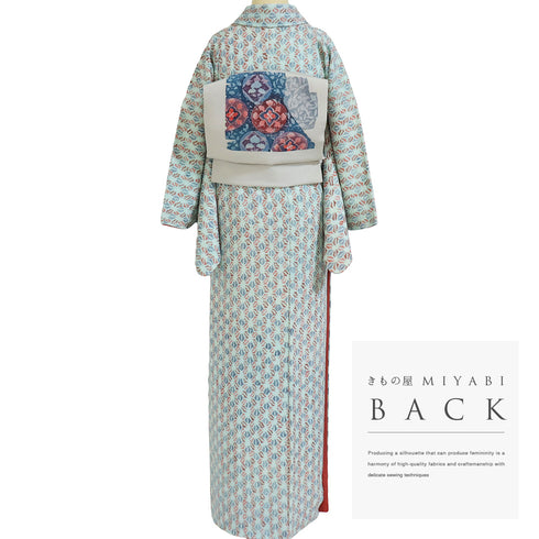 小紋 リサイクル 身丈166.7cm 裄65.6cm 袷 総絞り 麻の葉模様 ブルー LLサイズ お洒落 カジュアル 正絹 広衿 Sランク