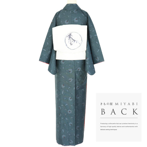 大島紬 リサイクル 身丈155.7cm 裄64.6cm 袷 花唐草模様 ネイビー Mサイズ カジュアル お洒落 証紙 正絹 広衿 Sランク