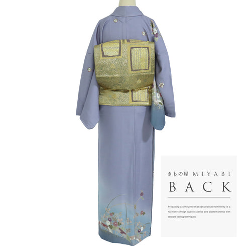 訪問着 身丈164.7cm 裄68.8cm 袷 源氏車に菊柄 千地泰弘 パープル Lサイズ お洒落 落款 正絹 広衿 Sランク