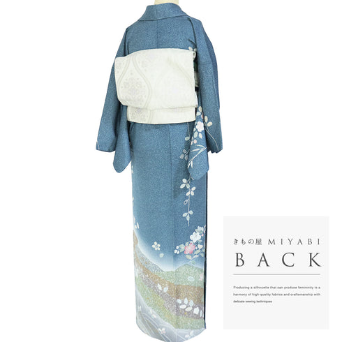 訪問着 リサイクル 身丈159.8cm 裄64.4cm 袷 辻ヶ花風柄 部分絞り加工 箔 ブルー Mサイズ フォーマル 正絹 広衿 Sランク