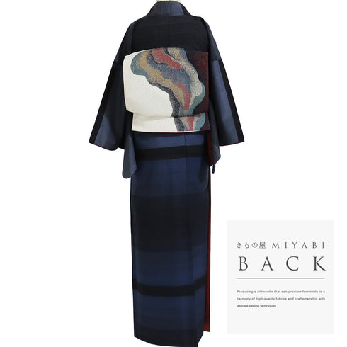 付下げ リサイクル 身丈155.5cm 裄63.2cm 袷 大島紬 ボーダー柄 絣柄 ネイビー サイズ お洒落 カジュアル 正絹 広衿 Aランク