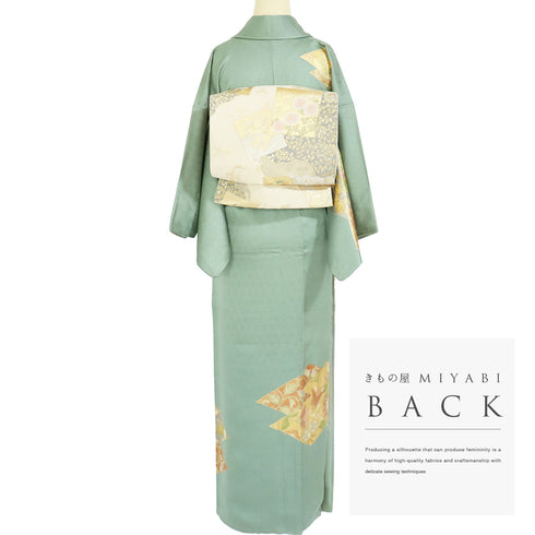 付下げ リサイクル 身丈156.5cm 裄62.8cm 袷 花唐草柄 地紋 金駒刺繍 箔 グリーン Mサイズ セミフォーマル お洒落 正絹 広衿 Sランク
