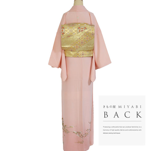 色留袖 リサイクル 身丈160.7cm 裄66cm 袷 金彩 松竹梅柄 南天柄 和田光正 ヒヨクなし ピンク Lサイズ セミフォーマル 落款 一つ紋 しつけ糸 正絹 広衿 Sランク