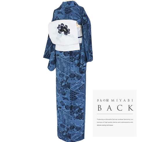 小紋 リサイクル 身丈162.2cm 裄65.6cm 袷 牡丹や菊柄 ブルー Lサイズ お洒落 カジュアル 正絹 広衿 Sランク