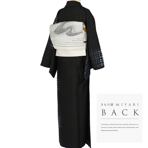 訪問着 リサイクル 身丈160.8cm 裄69.8cm 袷 染め紬 縞模様 水玉模様 絞り ブラック Lサイズ お洒落 カジュアル 正絹 広衿 Aランク