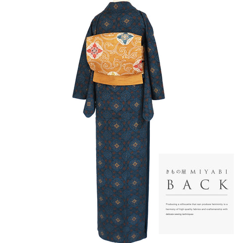 紬 リサイクル 身丈163.5cm 裄64.6cm 袷 幾何学柄 ネイビー Lサイズ お洒落 カジュアル 正絹 広衿 Sランク