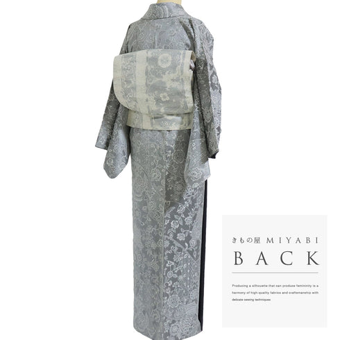 小紋 リサイクル 身丈159.7cm 裄64.4cm 袷 天日織 ミシン仕立て 裂取り 更紗模様 シルバー Mサイズ お洒落 正絹 広衿 Sランク