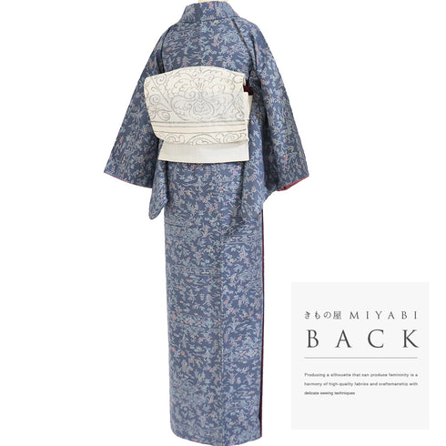 紬 リサイクル 身丈162cm 裄64cm 袷 染め紬 花と鳥柄 ブルー Lサイズ カジュアル お洒落 正絹 広衿 Sランク