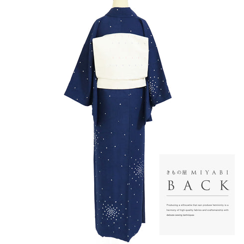 小紋 リサイクル 身丈161.7cm 裄63cm 袷 鹿の子絞り 地紋 衿先布付き ブルー Lサイズ お洒落 カジュアル 正絹 バチ衿 Aランク