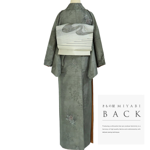 大島紬 リサイクル 身丈156.5cm 裄63.6cm 袷 花柄 グリーン Mサイズ お洒落 カジュアル しつけ糸 正絹 広衿 Sランク