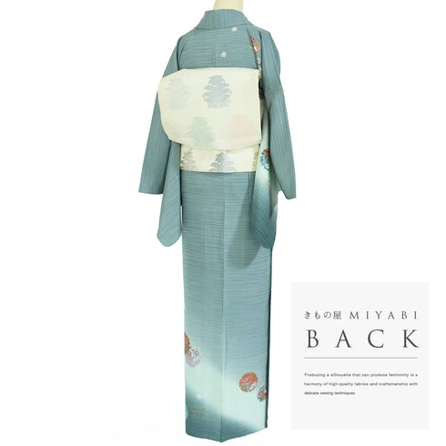 付下げ リサイクル 身丈160.5cm 裄67.2cm 単衣 ぼかし柄 雪輪柄 花柄 刺繍 箔加工 グリーン Lサイズ セミフォーマル 正絹 広衿 Sランク