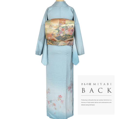 付下げ リサイクル 身丈164.5cm 裄68.6cm 袷 地紙に花や蝶柄 中国汕頭刺繍 ブルー Lサイズ セミフォーマル フォーマル 正絹 広衿 Sランク