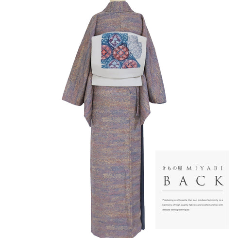 小紋 リサイクル 身丈162cm 裄68cm 袷 陶彩染め 加藤唐九郎 ゆったりサイズ 膨れ織り パープル Lサイズ お洒落 カジュアル 正絹 広衿 Sランク