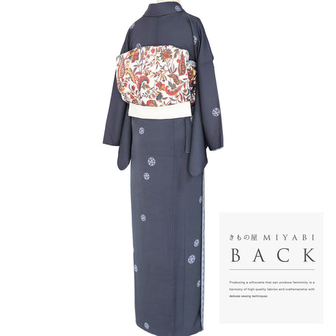 小紋 リサイクル 身丈164.5cm 裄68.4cm 袷 唐草地紋柄 五代 板東八十助 ネイビー Lサイズ お洒落 正絹 広衿 Aランク