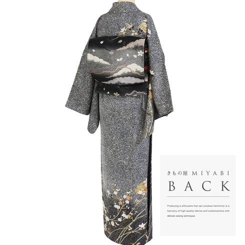 訪問着 リサイクル 身丈157cm 裄69.4cm 袷 たたき総柄地 箔 花柄 ブラック Mサイズ セミフォーマル 正絹 広衿 Sランク