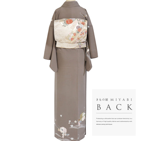 訪問着 リサイクル 身丈160.5cm 裄64.4cm 袷 雪輪 葡萄柄 箔加工 ブラウン Lサイズ セミフォーマル お洒落 正絹 広衿 Sランク