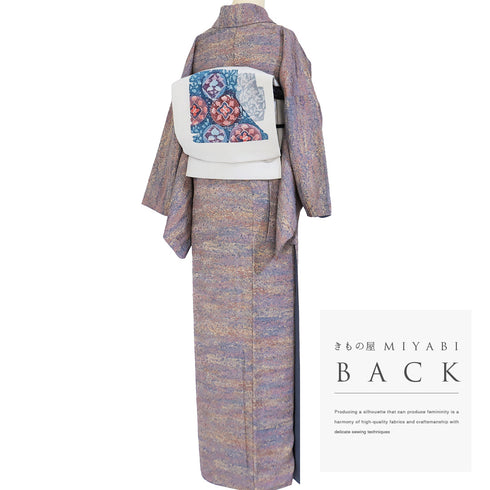 小紋 リサイクル 身丈162cm 裄68cm 袷 陶彩染め 加藤唐九郎 ゆったりサイズ 膨れ織り パープル Lサイズ お洒落 カジュアル 正絹 広衿 Sランク